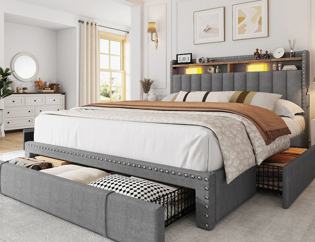 EnHomee Queen Bed Frame with 3 Storage Drawers Upholstered Queen Size Bed Frame with Headboard Noise Free Platform Bed with Metal Frame & Wood Slats Support Beige Bedroom Furniture for Adults Clothes
