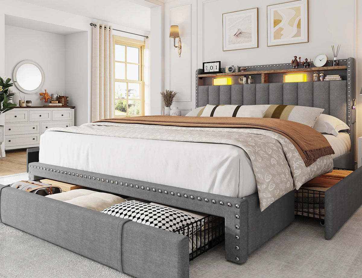 EnHomee Queen Bed Frame with 3 Storage Drawers Upholstered Queen Size Bed Frame with Headboard Noise Free Platform Bed with Metal Frame & Wood Slats Support Beige Bedroom Furniture for Adults Clothes