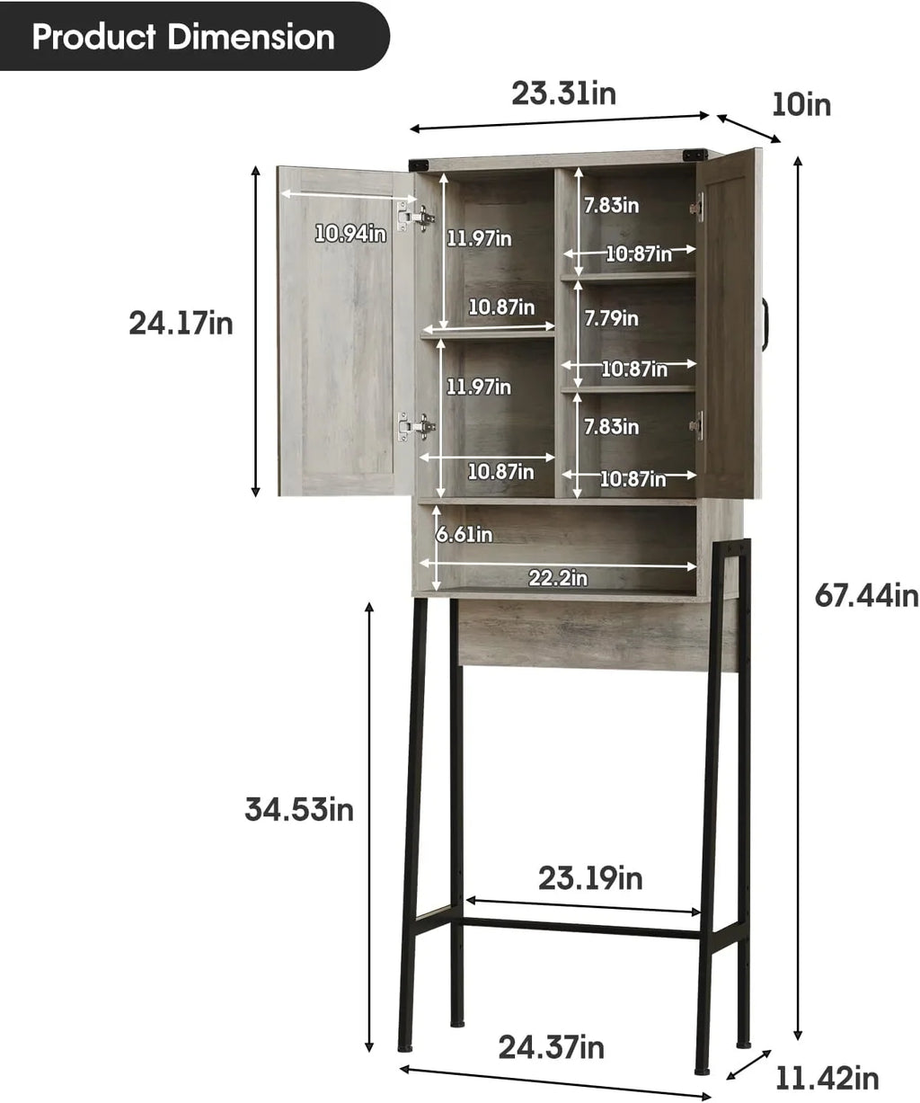 Vabches Over The Toilet Storage Cabinet, 68" H Farmhouse Freestanding Bathroom Storage Organizer with Double Doors & Storage Shelves