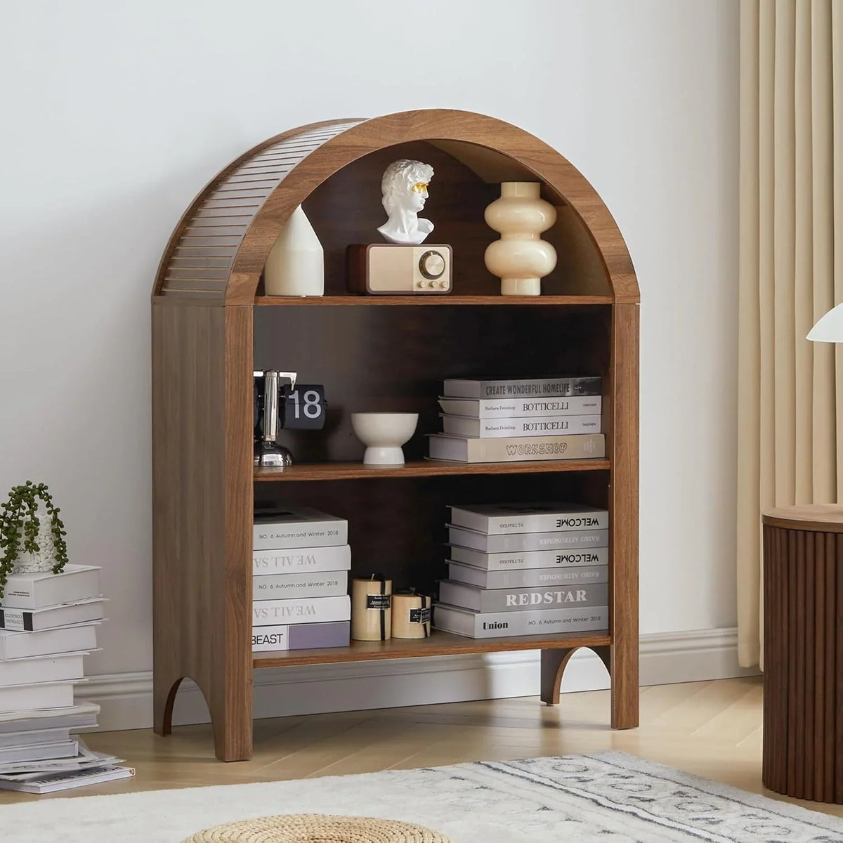 LEFHDA Small Kids Arched Bookshelf, Modern 3-Tier Open Bookshelf, Wood Freestanding Arched Bookcase with Adjustable Shelves, Covered Rounded Top Display Cabinet (Walnut)