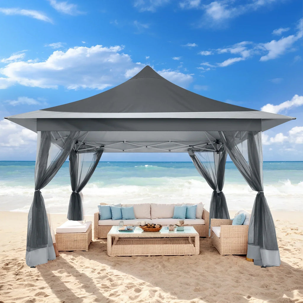 HOTEEL 12x12 Outdoor Pop-up Gazebo Canopy with Mosquito Netting 2-Tiered Vented Top 3 Adjustable Height for Backyard, Garden, Lawn,Light Grey