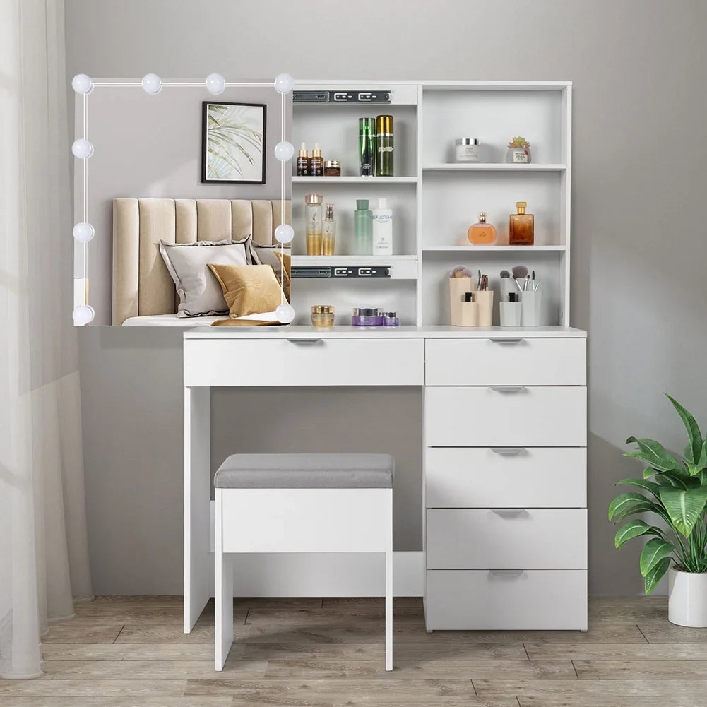 Resenkos Vanity Set with Mirror and 10LED Lights Makeup Vanity Desk Chair with 6 Drawers White