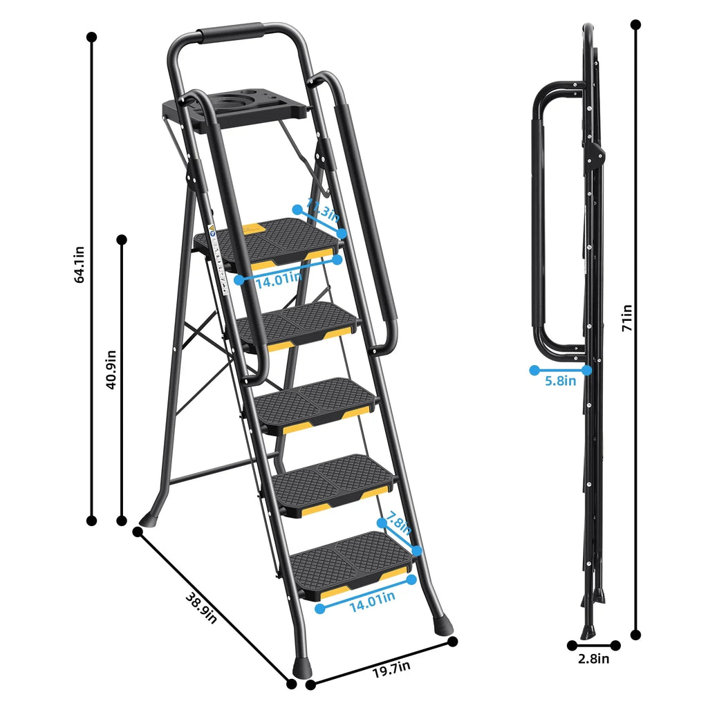 Kingrack 5 Step Folding Ladder for Adults, 800lbs Sturdy Steel Stool Ladder with Anti-Slip Pedal&Handrail&Tool Tray for Home Kitchen Office