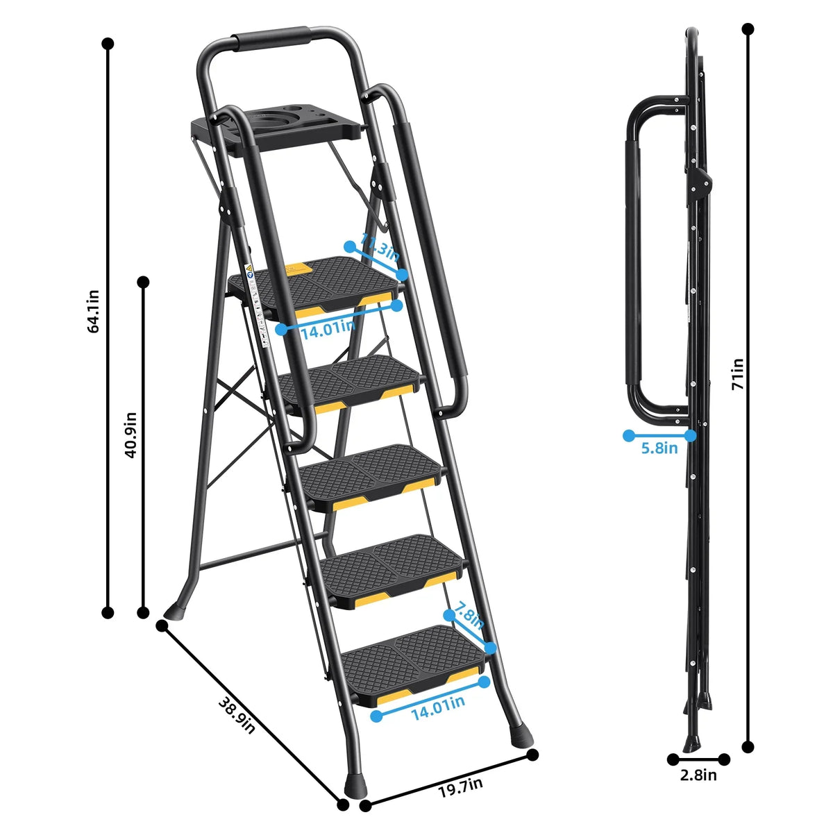 Kingrack 5 Step Folding Ladder for Adults, 800lbs Sturdy Steel Stool Ladder with Anti-Slip Pedal&Handrail&Tool Tray for Home Kitchen Office