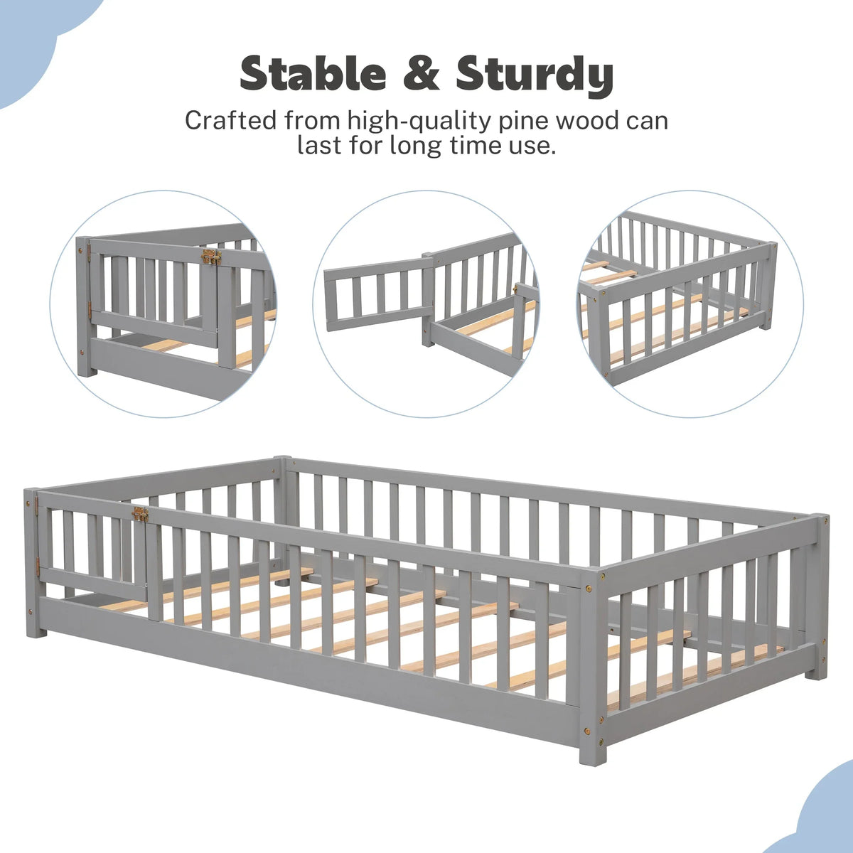 PAPROOS Twin Size Floor Bed, Solid Wood Toddler Bed with Slat, Fence Guardrail and Door, No Box Spring Needed, Montessori Bed, Twin Bed for Kids, Boys, Girls, Gray