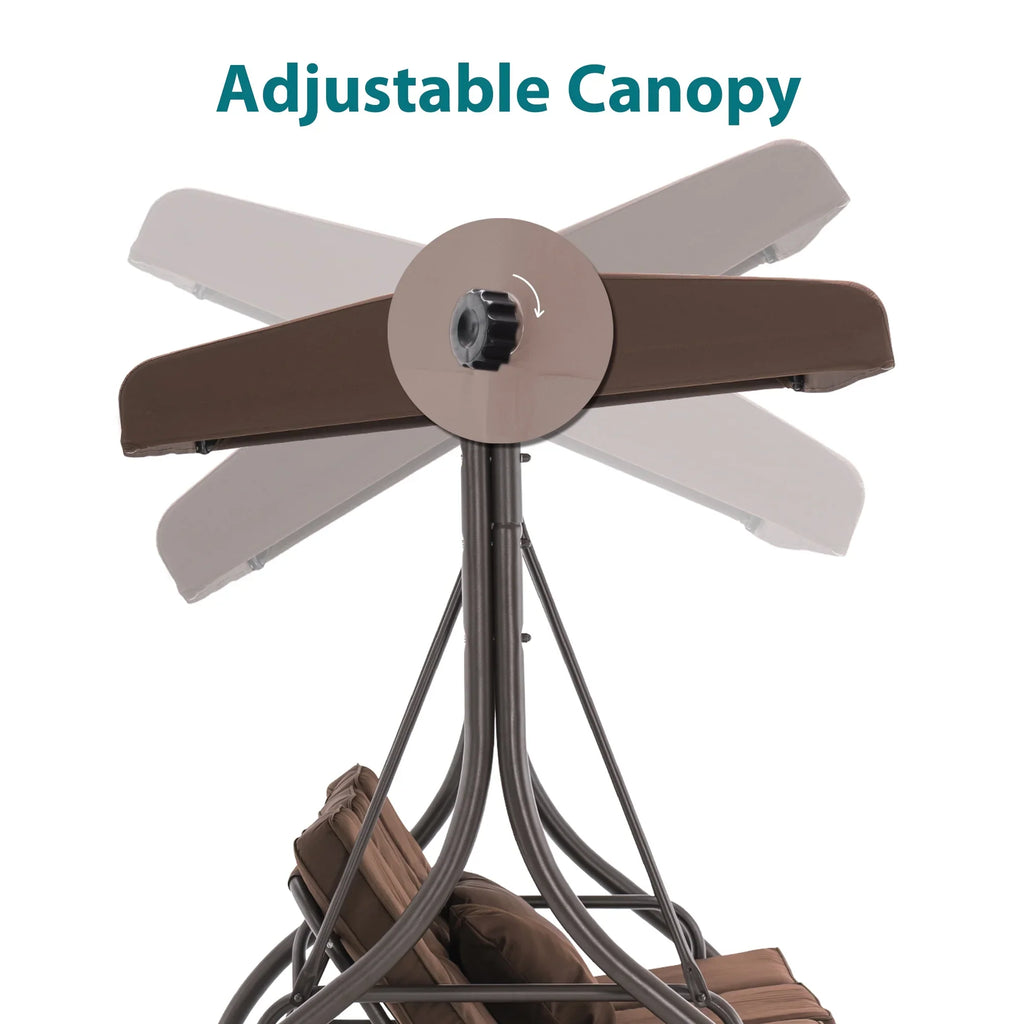 MCombo 3-Seat Outdoor Patio Swing Chair Cushioned with Adjustable Backrest and Canopy, Pillow, Brown