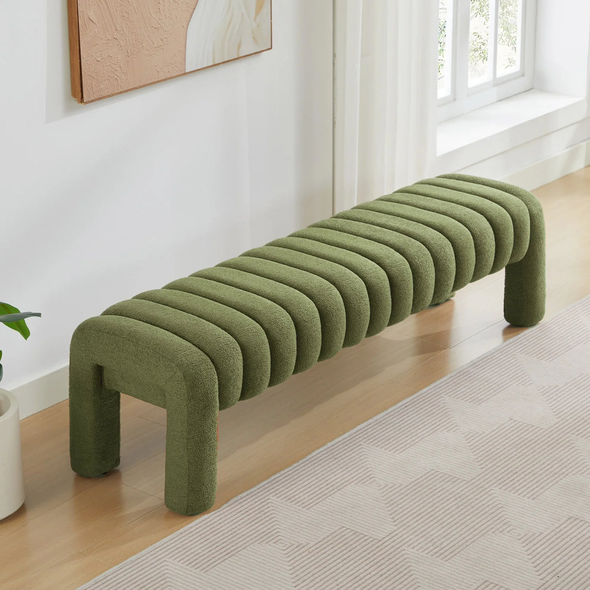 Zesthouse 63" End of Bed Bench, Linen Tufted Upholstered Ottoman Bench with Padded Seat and Solid Wood Leg, Modern Entryway Bench for Bedroom, Living Room, Beige
