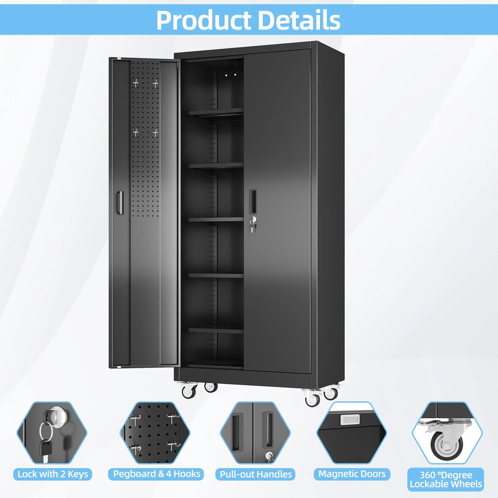 GangMei 71 inches Tall Metal Rolling Garage Storage Cabinets with Locking Doors and 5 Adjustable Shelves, Metal Storage Cabinet for Garage, Office, Home, Classroom, Assemble Required(Black)