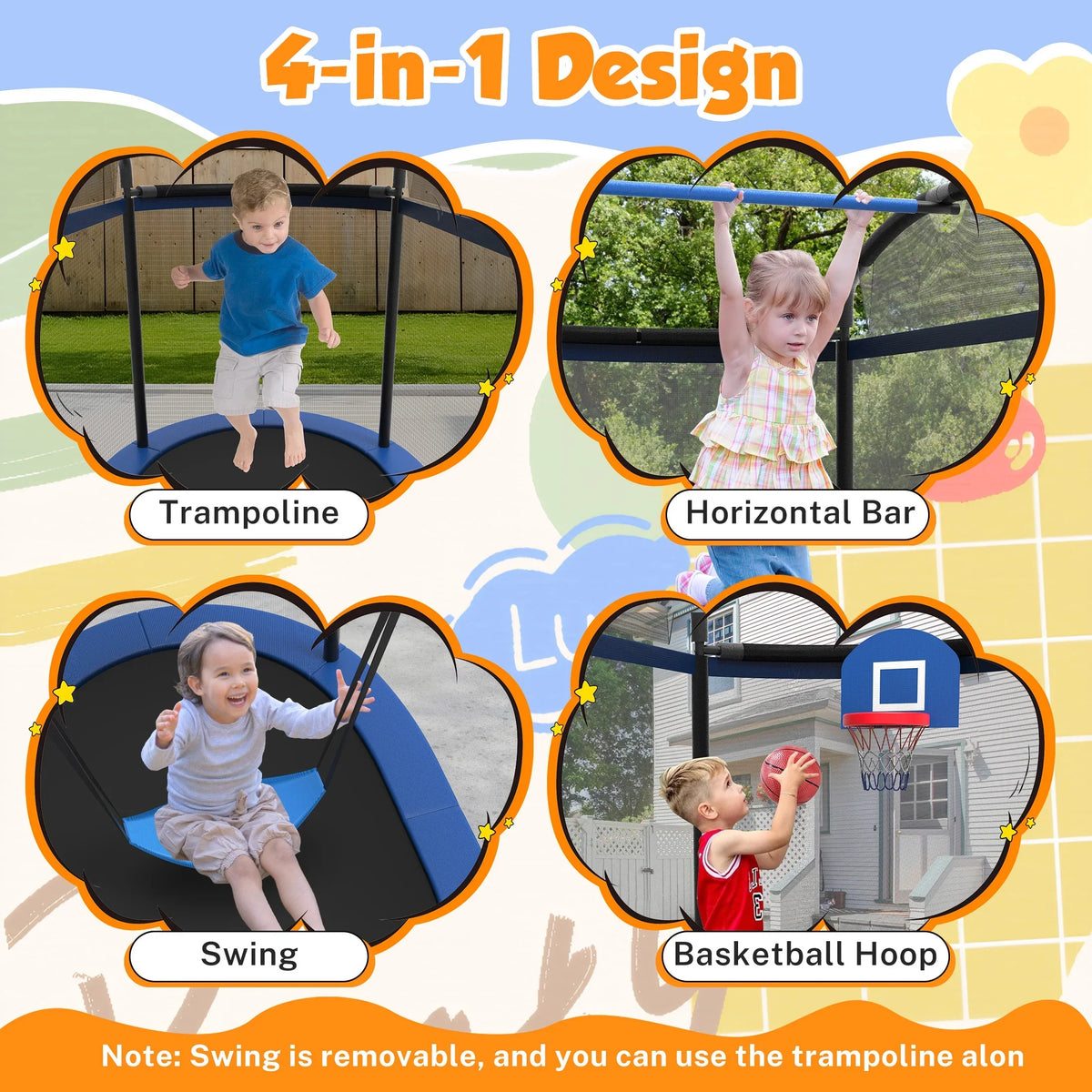 SHINPT 4x6FT Toddler Trampoline for Kids, Kids Indoor Trampoline with 771LBS Load-Bearing Capacity, Mini Trampoline Indoor & Outdoor, Small Trampoline with 4 Accessories & Adjustable Gymnastics Bar
