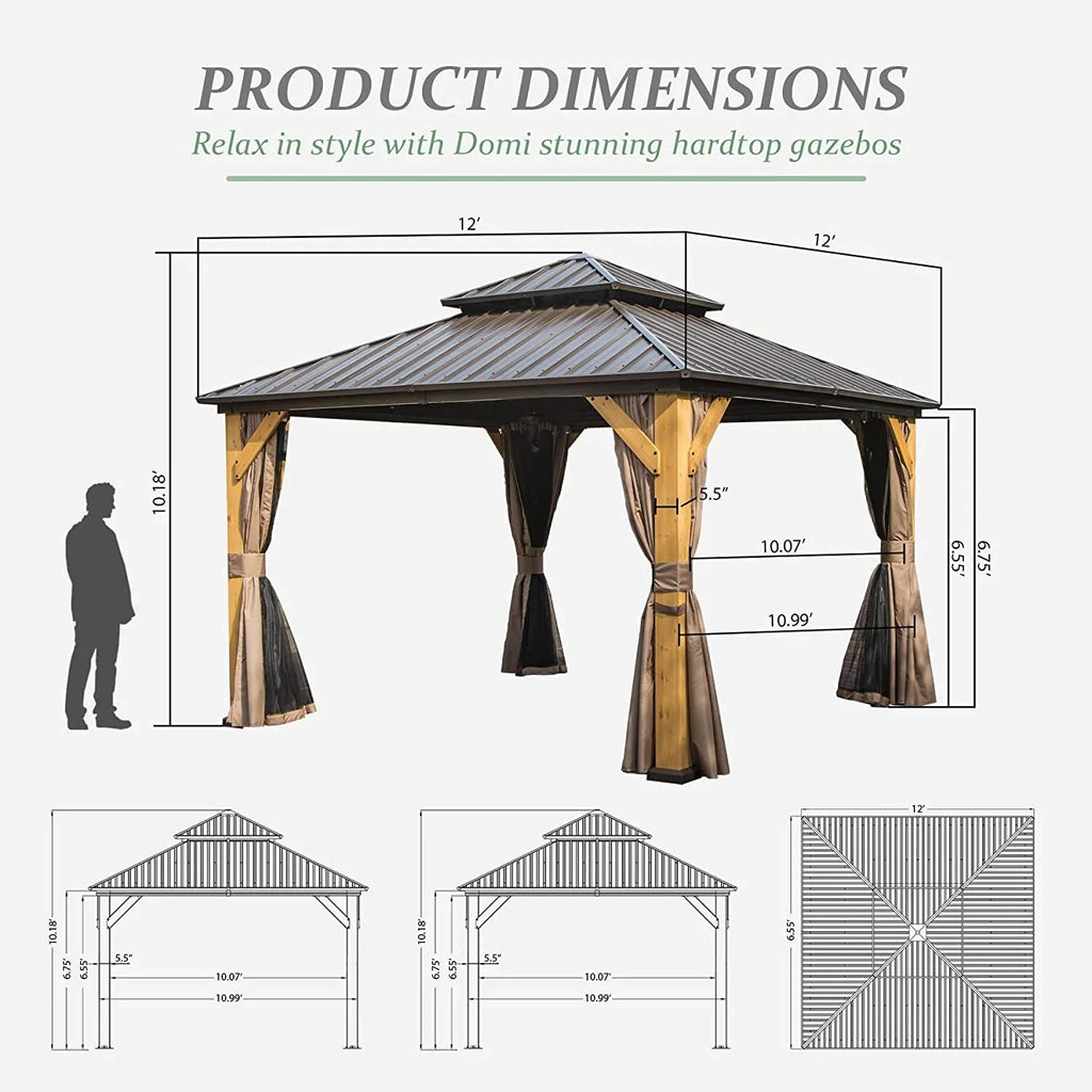 Domi 12x20 ft Wood Gazebo, Cedar Wood Frame Hardtop Gazebo with Galvanized Steel Double Roof, Outdoor Gazebo with Netting and Curtains, Patio Gazebo Pergola Pavilion for Patio, Backyard, Deck, Lawns