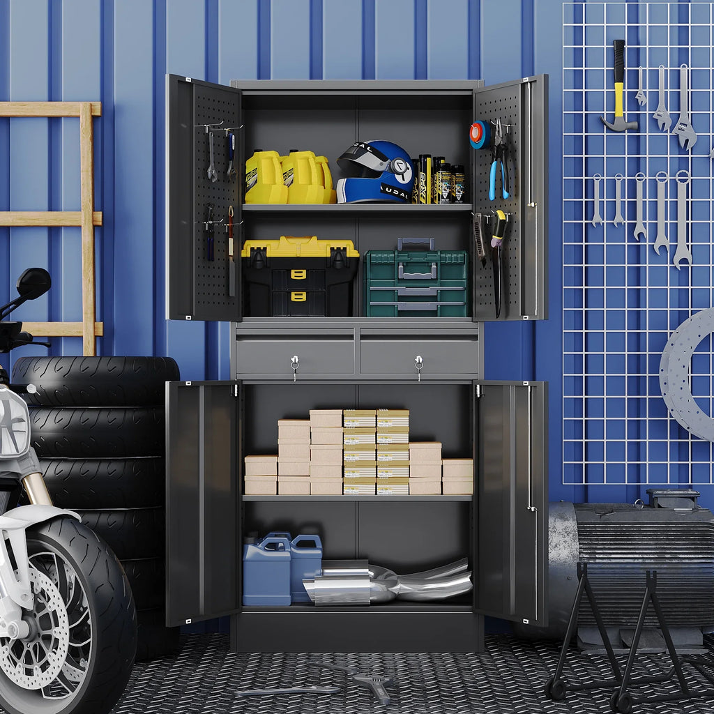 GAEANET 2 Door Metal Storage Cabinet with 5 Adjustable Shelves &Pegboard, 71" H"32" W"16" D Locking Steel Garage Cabinet, for Garage,Office,Home,Gym,School, File Cabinet,Assembly Required, Black