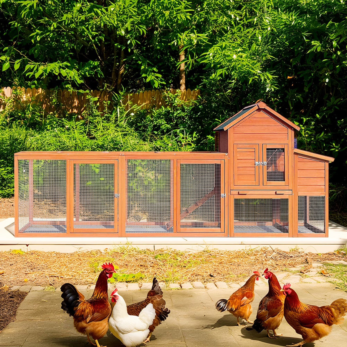 Pefilos 112" Large Rabbit Hutch Outdoor Wood Chicken Coop, Hen House with Nest Box, Wire Fence Poultry Cage, Orange