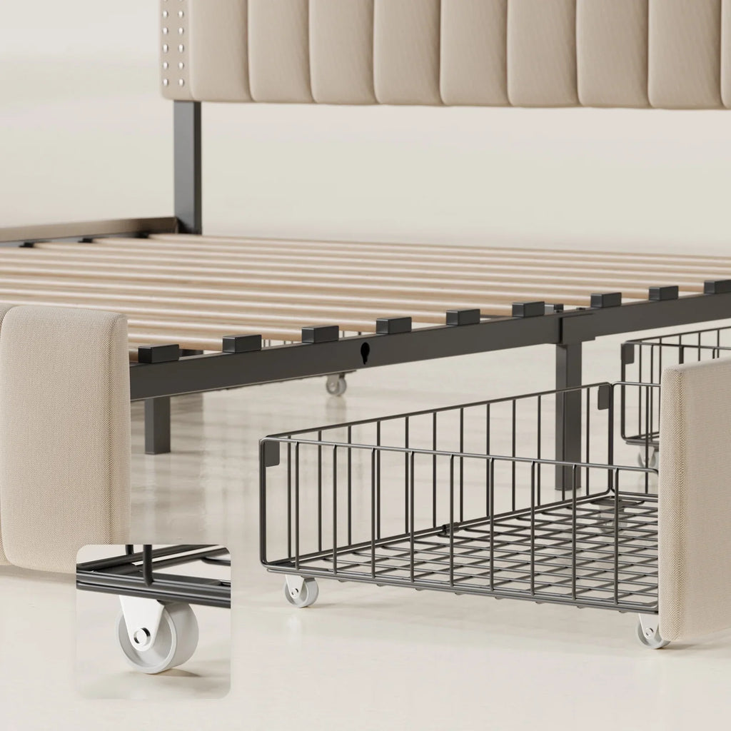 Lofka Queen Bed Frame with Headboard, Upholstered Platform Bed with Headboard, No Box Spring Needed/Easy Assembly, Beige