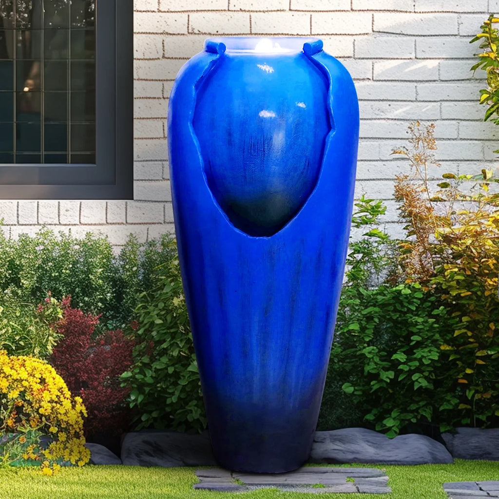 ourrco 30.7"H Concrete Vase Water Fountain, Modern Cascading Waterfall Feature with LED Lighting and Pump, Perfect for Indoor or Outdoor Home and Garden Decor, Red