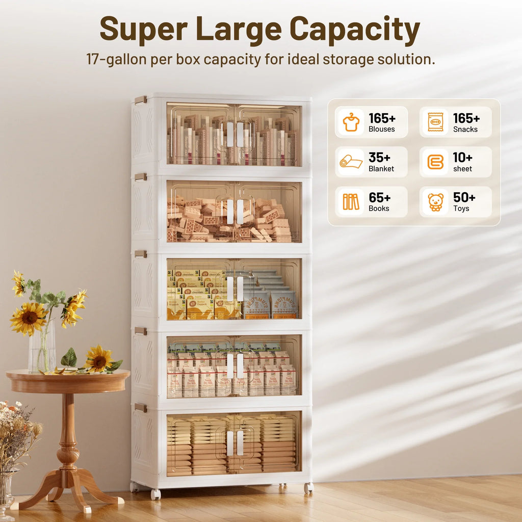 AZULLIA 290QT Stackable Plastic Collapsible Storage Bins with Lids, Wheels, Doors, 5 Pack GS01