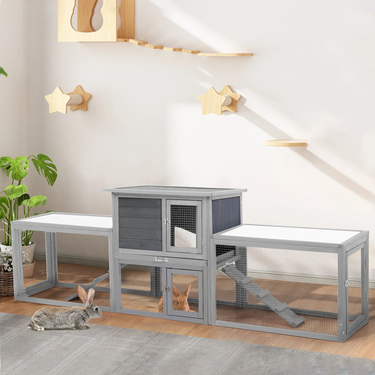 COZIWOW 94'' Wooden Large Rabbit Hutch with Pull Guinea Pig House Chincken Coop Gray