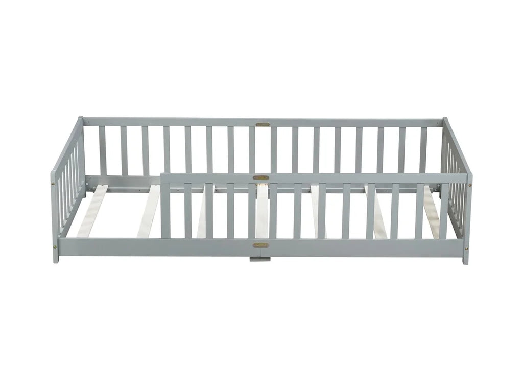 Bellemave Twin Size Floor Beds, Wood Montessori Bed with Fence Railings & Support Slats, No Box Spring Needed (Gray"