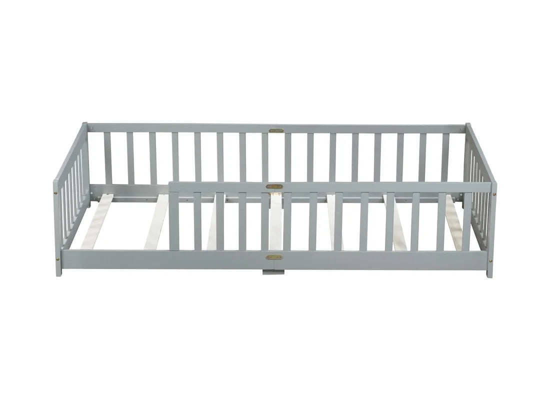 Bellemave Twin Size Floor Beds, Wood Montessori Bed with Fence Railings & Support Slats, No Box Spring Needed (Gray"