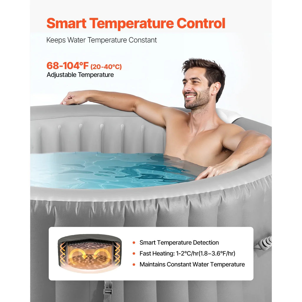 KFFKFF Inflatable Hot Tub, 4-6 Person Capacity, 81.9 x 26in Round Portable Outdoor Spa, with 130 Jets, Headrest, LED Light, Cover, Control Panel, PVC Outdoor Tub, Grey