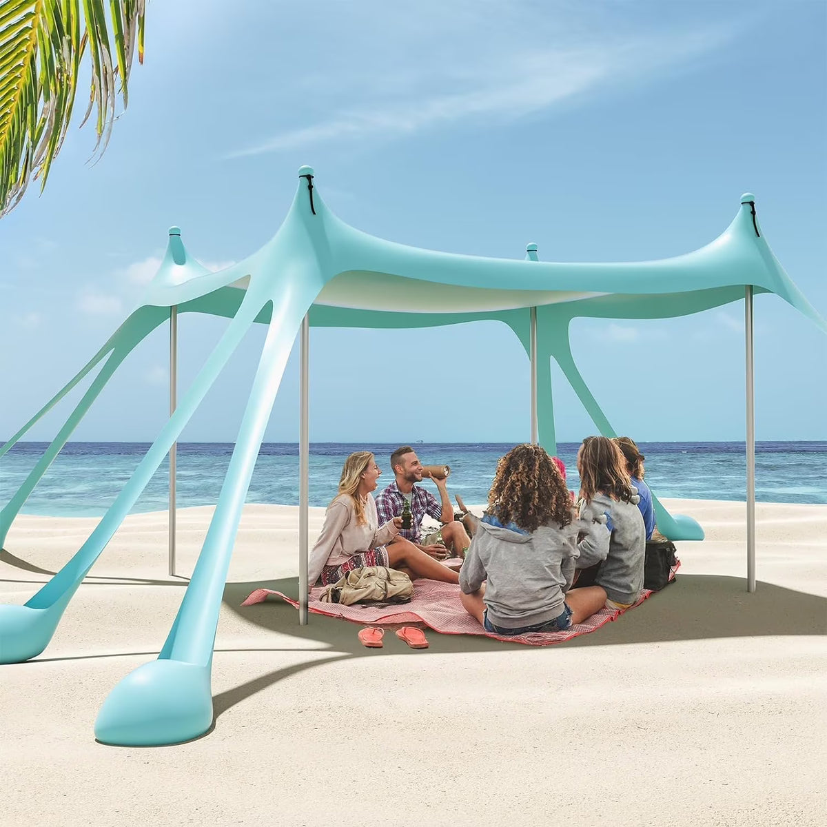 Beach Tent Canopy with 8 Sandbags 4 Aluminum Poles, Pop Up Portable Camping Sun Shelter, Easy Set Up with 2 Sand Shovel, Ground Pegs, Carrying Bag for Outdoor Beach,Picnic, Fishing