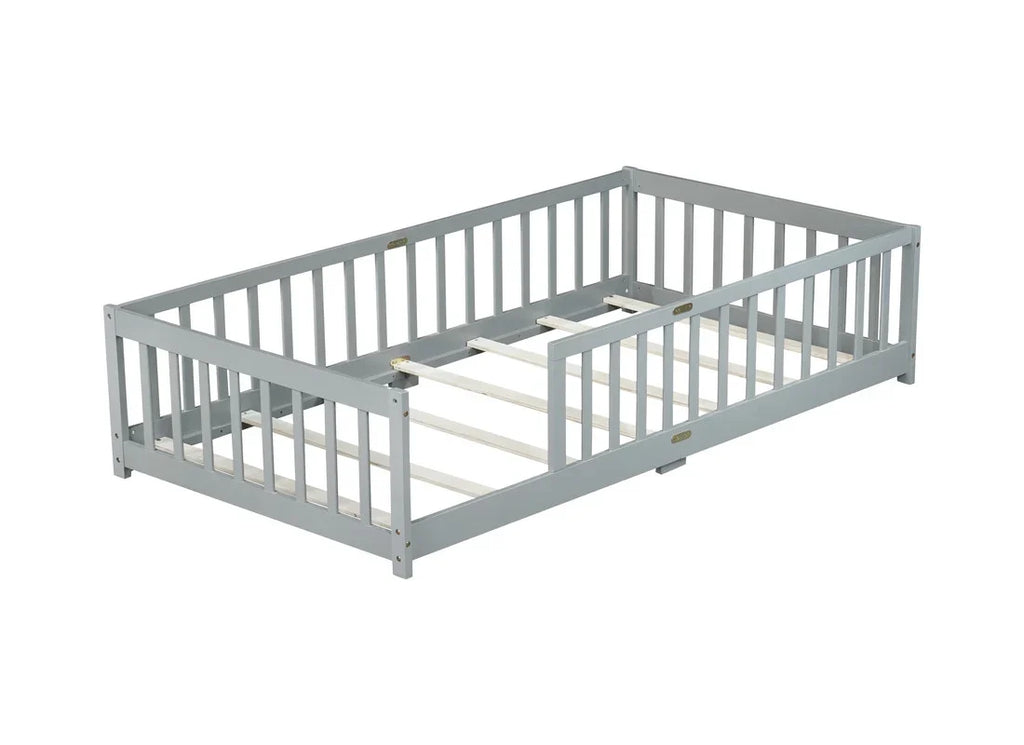 Bellemave Twin Size Floor Beds, Wood Montessori Bed with Fence Railings & Support Slats, No Box Spring Needed (Gray"