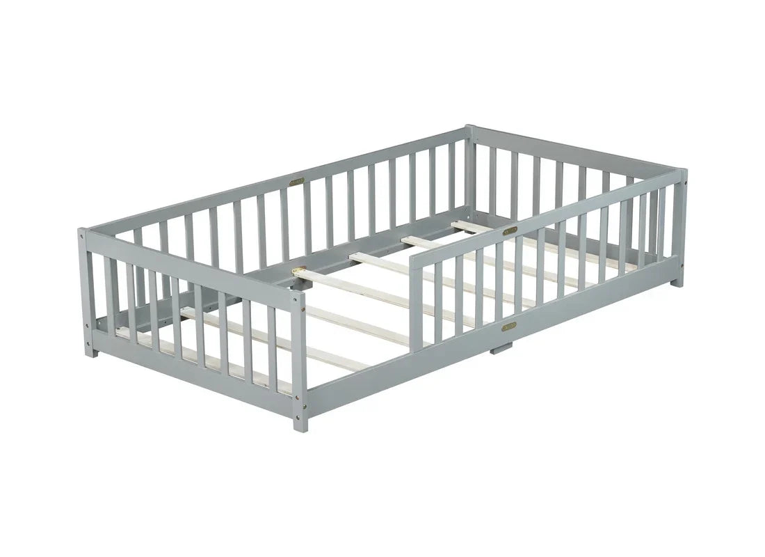 Bellemave Twin Size Floor Beds, Wood Montessori Bed with Fence Railings & Support Slats, No Box Spring Needed (Gray"