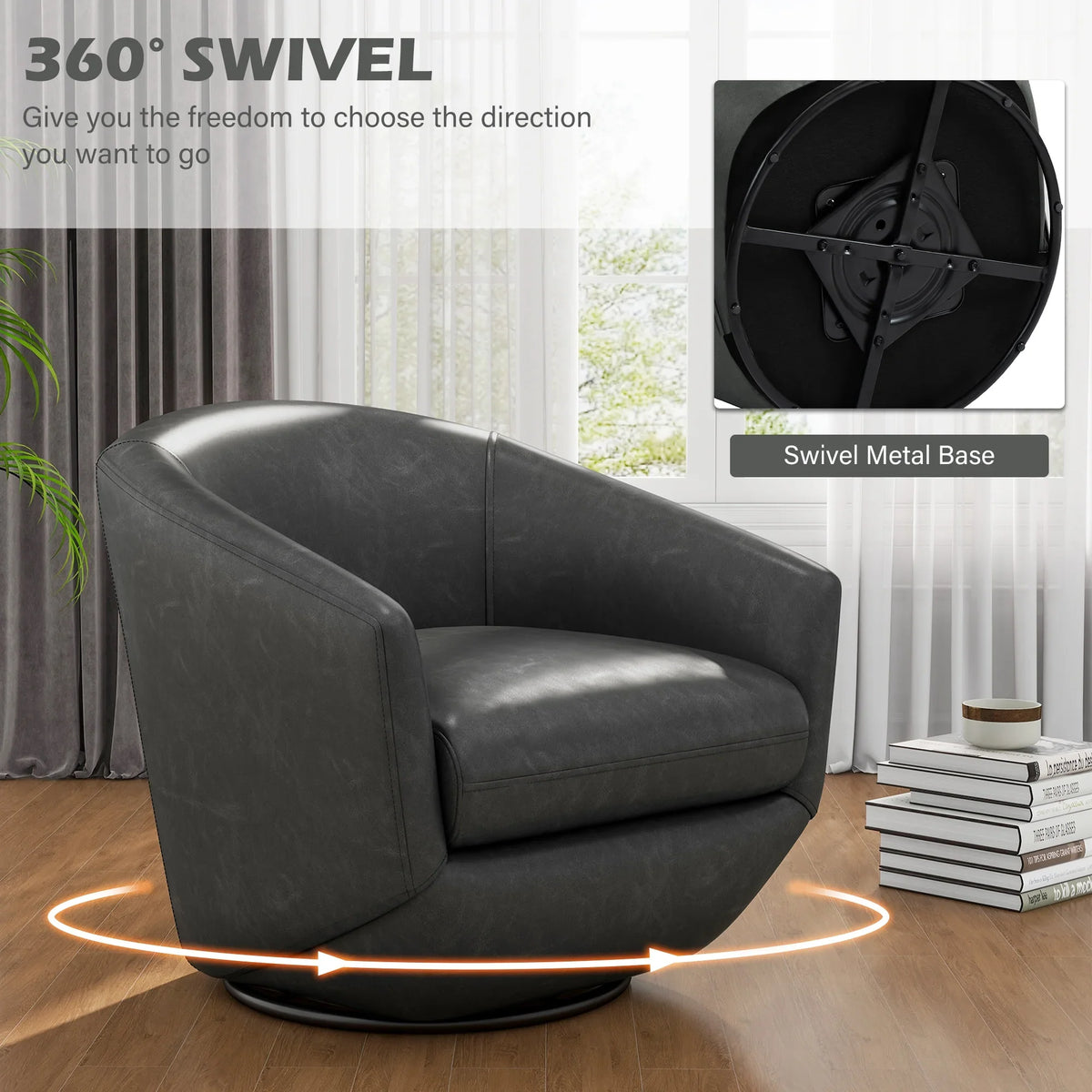 DREAMSIDEA Faux Leather Swivel Accent Chair Sets of 2 360" Swivel Barrel Chair,Swivel Club Sofa for Living Room, Bedroom, Office,Brown