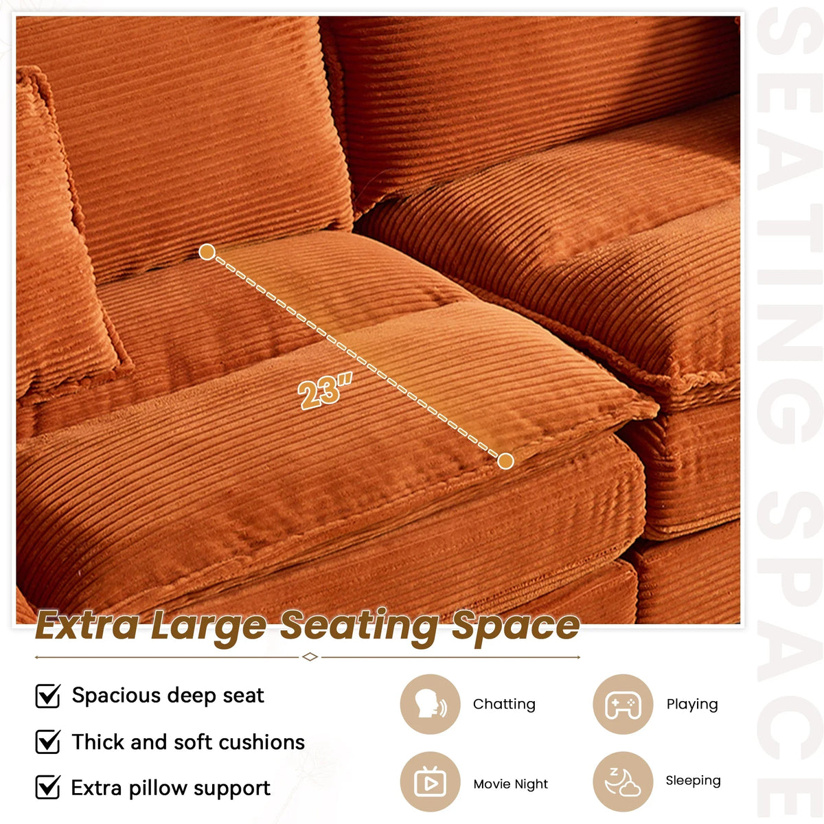 Dinosisco 84"L Deep Seat Sofa, Corduroy Upholstered Sleeper Couch for Living Room, Pink