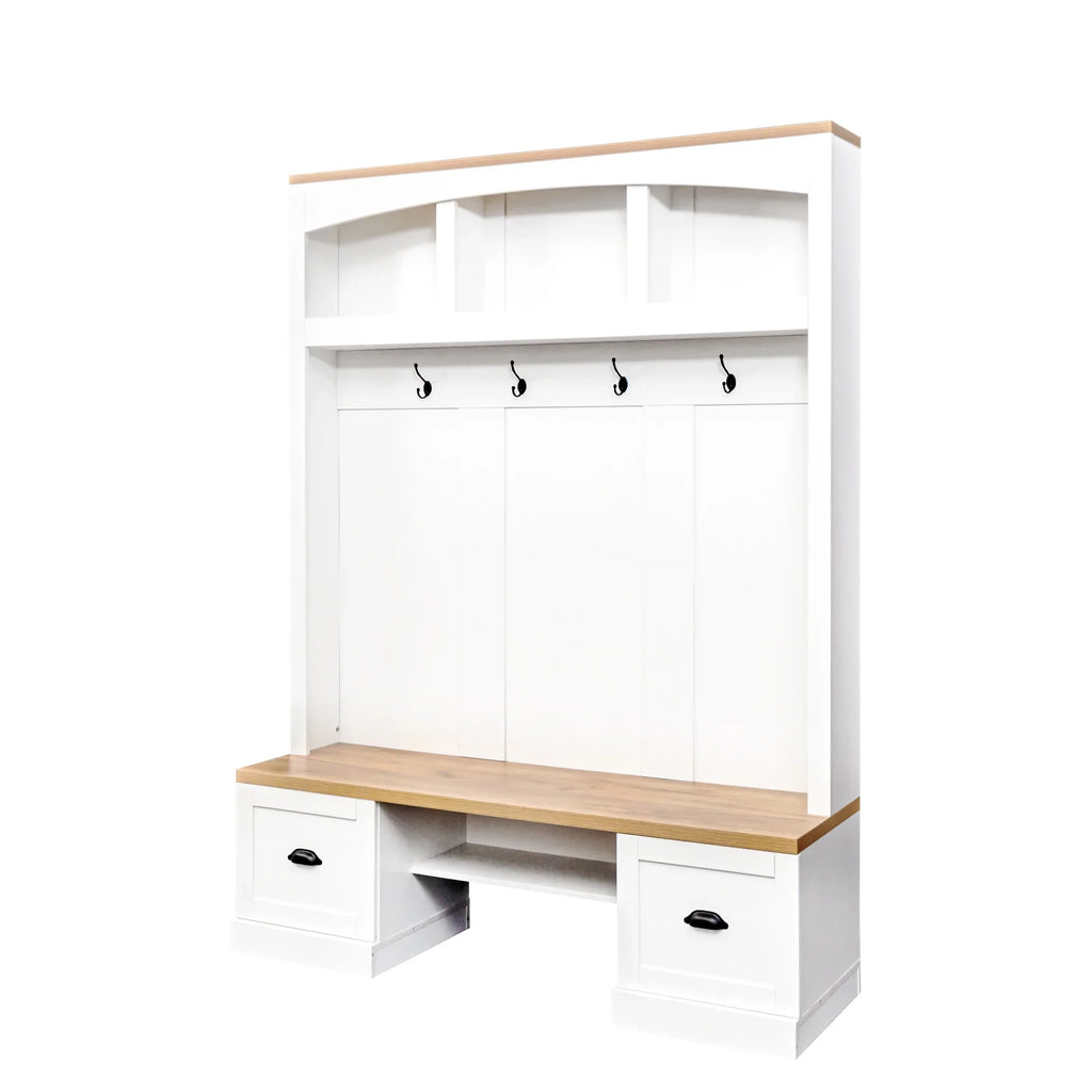 Harper & Bright Designs Farmhouse Hall Tree with Bench and Shoe Storage, Mudroom Bench with Coat Rack and Adjustable Shelves for Hallway, Living Room, White