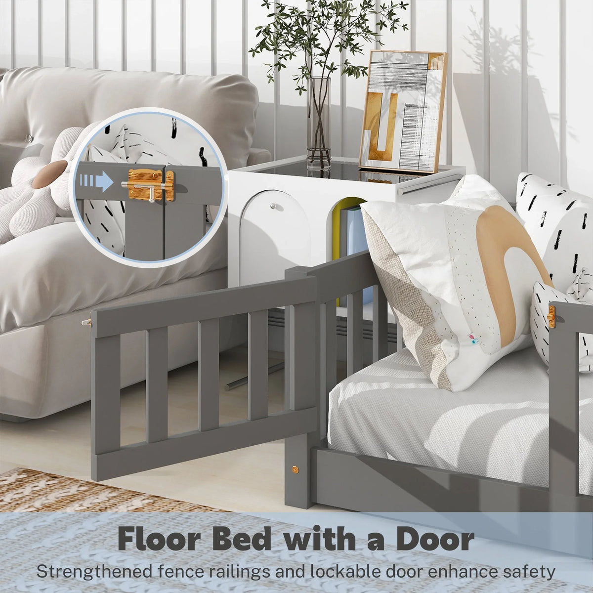 PAPROOS Twin Size Floor Bed, Solid Wood Toddler Bed with Slat, Fence Guardrail and Door, No Box Spring Needed, Montessori Bed, Twin Bed for Kids, Boys, Girls, Gray