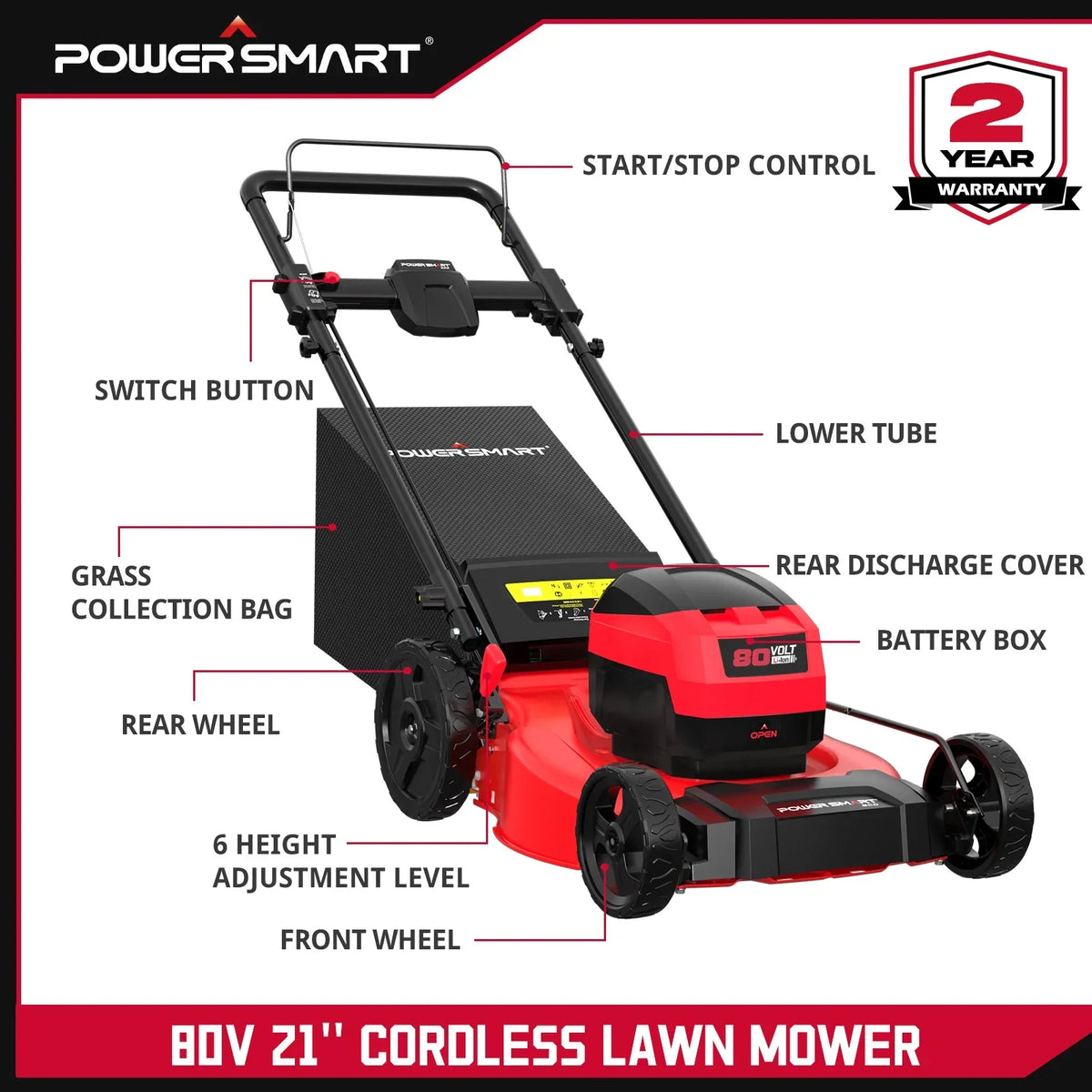 PowerSmart 80V MAX 21" Cordless Lawn Mower, 3-in-1 Brushless Electric Lawn Mower