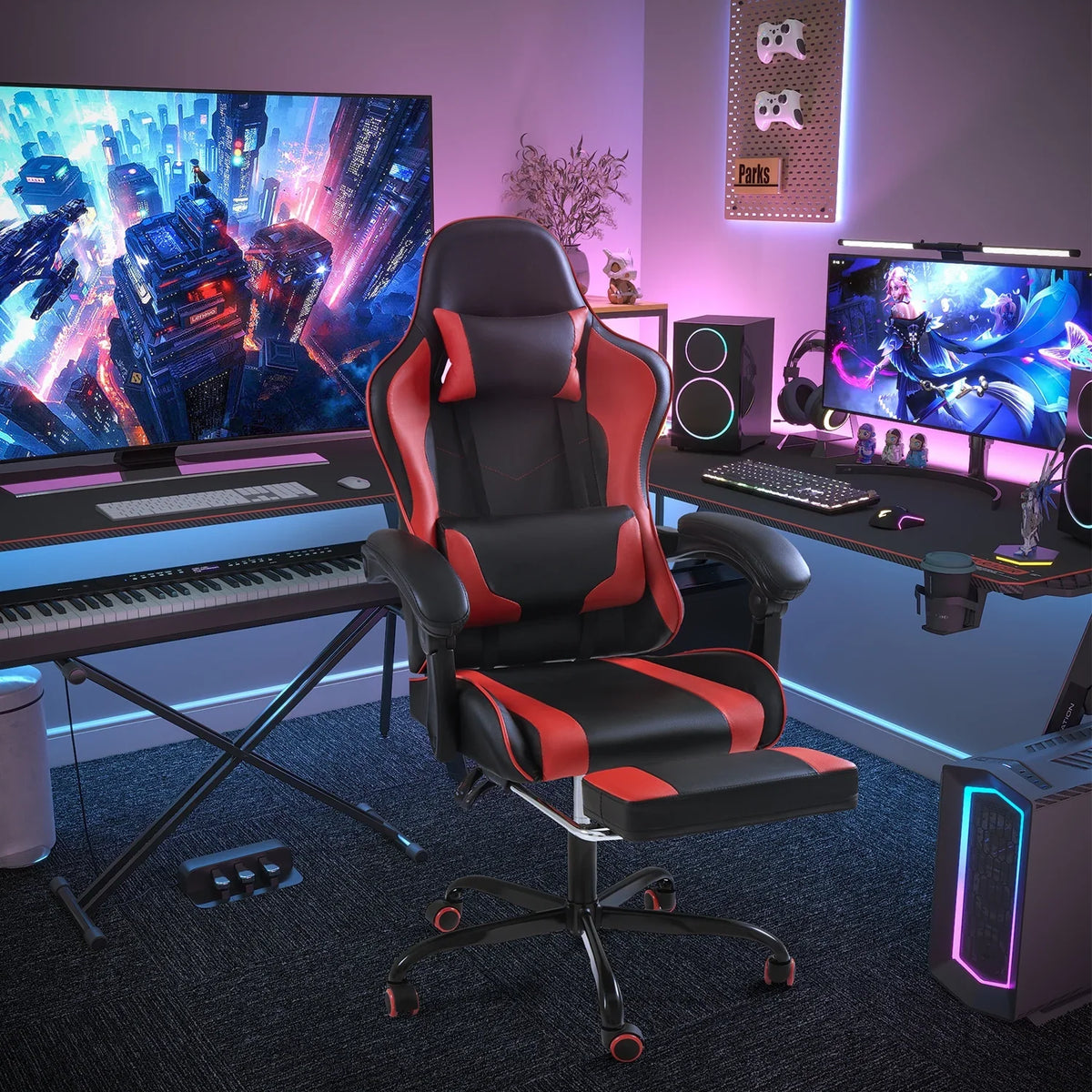 Lacoo PU Leather Gaming Chair Massage Ergonomic Gamer Chair Height Adjustable Computer Chair with Footrest & Lumbar Support, White