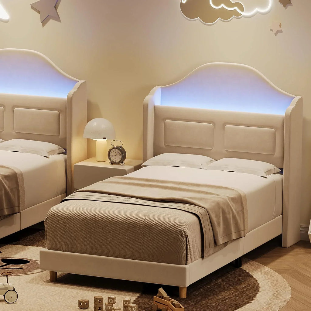 BouPower Twin Size Bed Frame with LED Lights,Platform Bed with Wing Back Storage Headboard,Upholstered Twin Bed,No Box Spring Needed,Easy Assembly