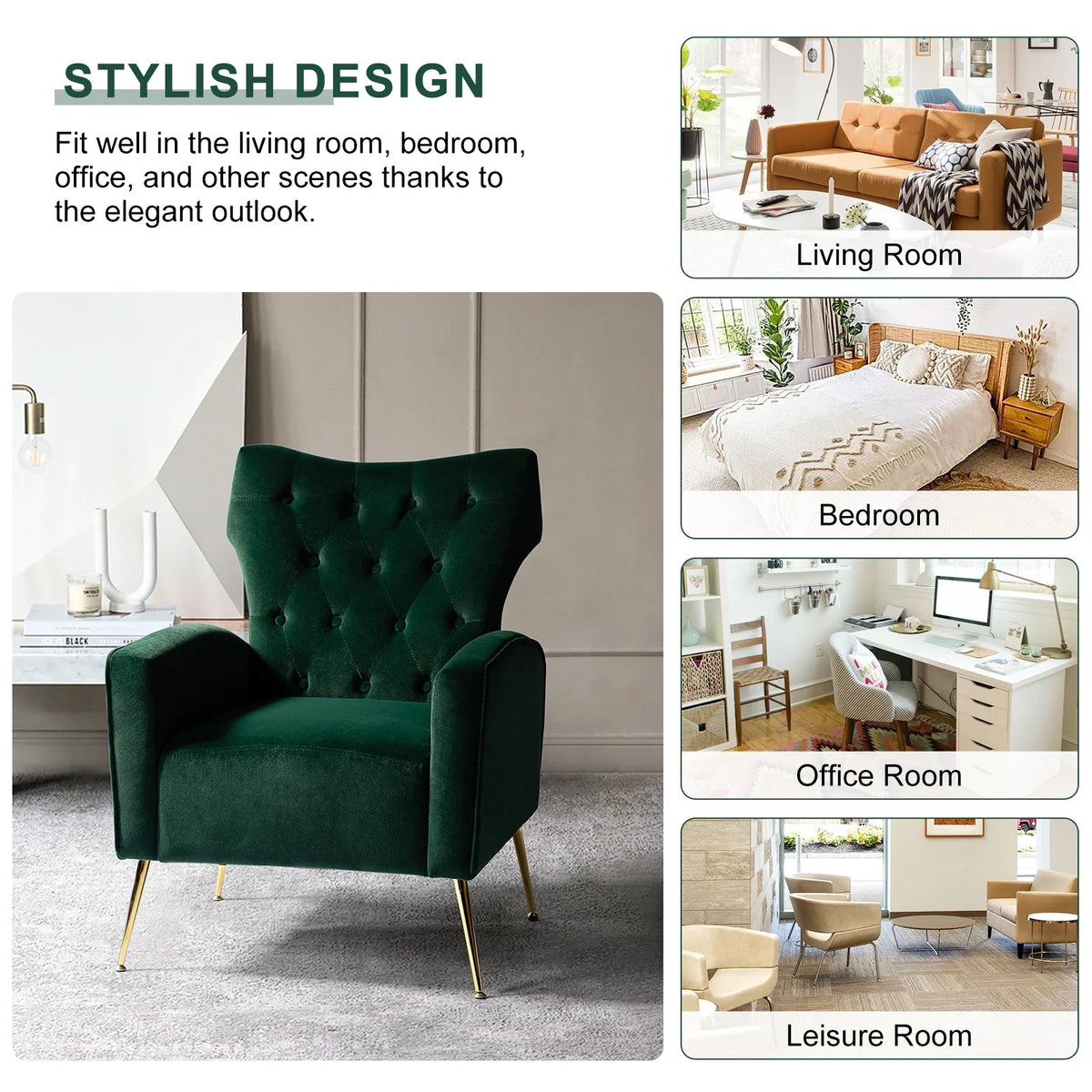 Modern Velvet Accent Chair Upholstered Sofa Armchair Button Tufted Metal Legs Adult Bedroom Home Living Room Grey