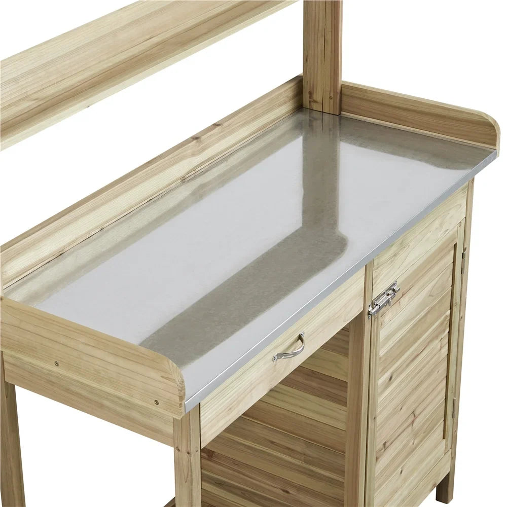 Renwick Outdoor Garden Potting Bench W/Cabinet Drawer Open Shelf, Gray