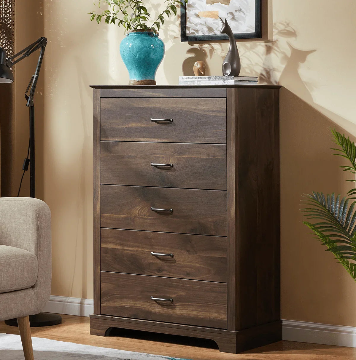 CHITOOMA 5 Drawer Dressers for Bedroom, Adult Tall Wooden Chest of Drawers, Storage Cabine for Living Room Entryway, Gray