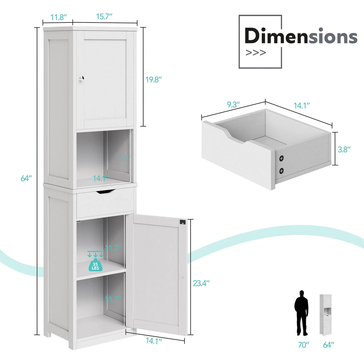 Walsunny Bathroom Storage Cabinet 64" Tall Wooden Kitchen Cupboard Pantry Cabinet with Doors Shelves Drawer Black