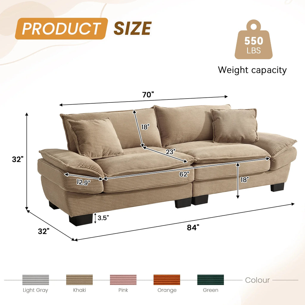 Dinosisco 84"L Deep Seat Sofa, Corduroy Upholstered Sleeper Couch for Living Room, Pink