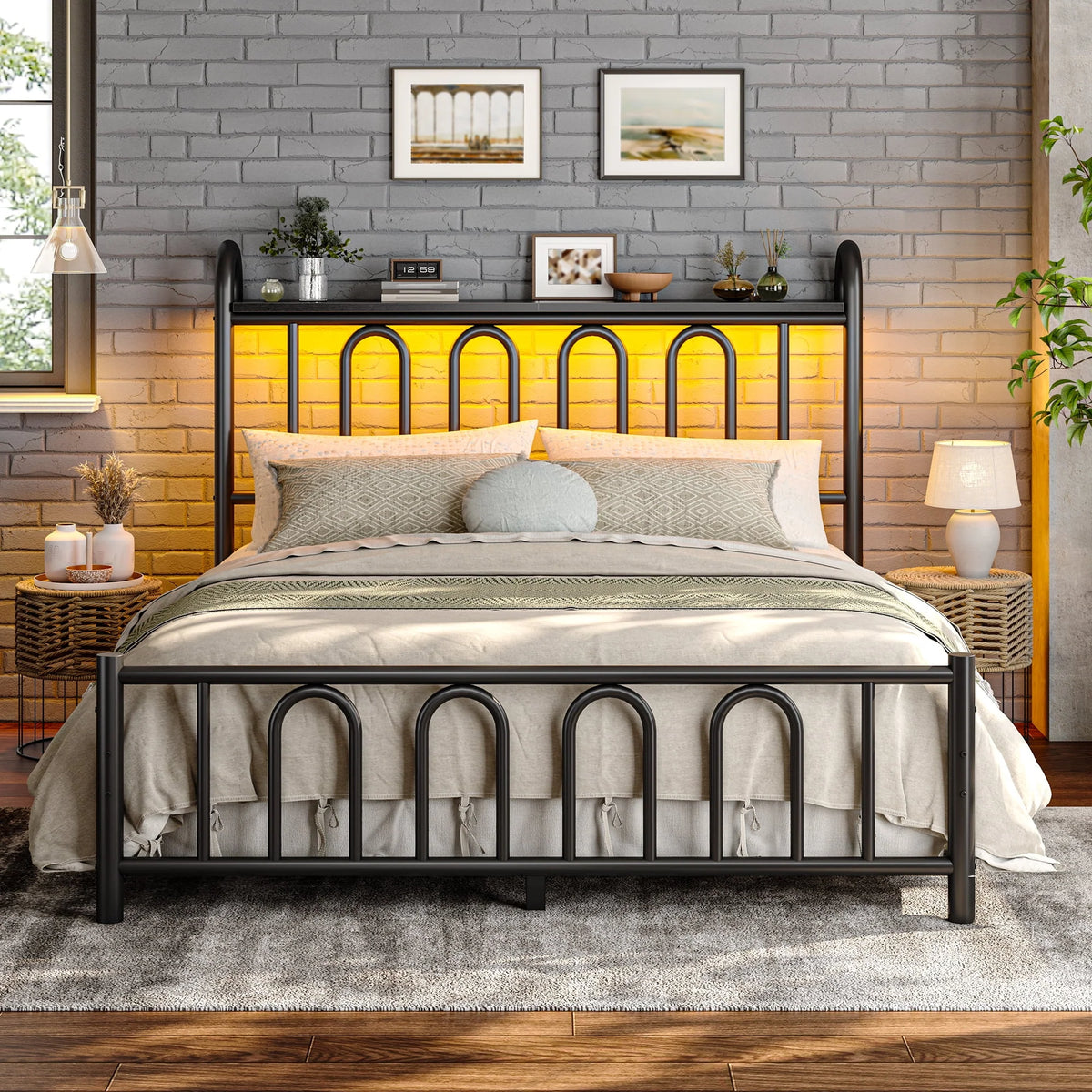 EnHomee Queen Size Metal Platform Bed Frame with Headboard Metal Bed Frame with LED Lights Queen Bed Frame with Underbed Storage,Black