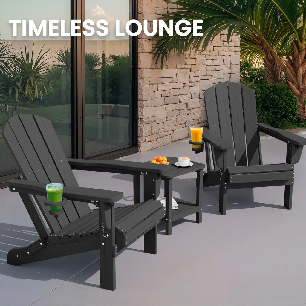 SERWALL Outdoor Adjustable Folding HDPE Adirondack Chairs Set of 2 with Cup Holder, Gray