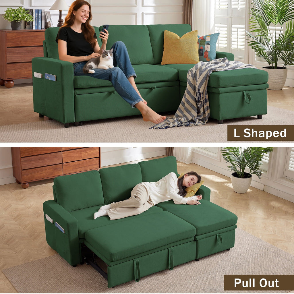 Pingliang Home Pull Out Sleeper Sofa Bed Sectional Sofa with Storage Chaise,L Shaped Sectionals Couches with Side Pockets,Modern Linen Reversible Sofa Couch for Living Room Apartment Office Studio