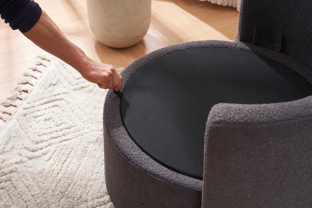 Swivel Barrel Chair, Teddy Round Swivel Accent Sofa Chairs with 3 Pillows and Storage, Modern 360 Degree Boucle Swivel Chairs for Living Room, Bedroom, Office (Dark Gray, Teddy)