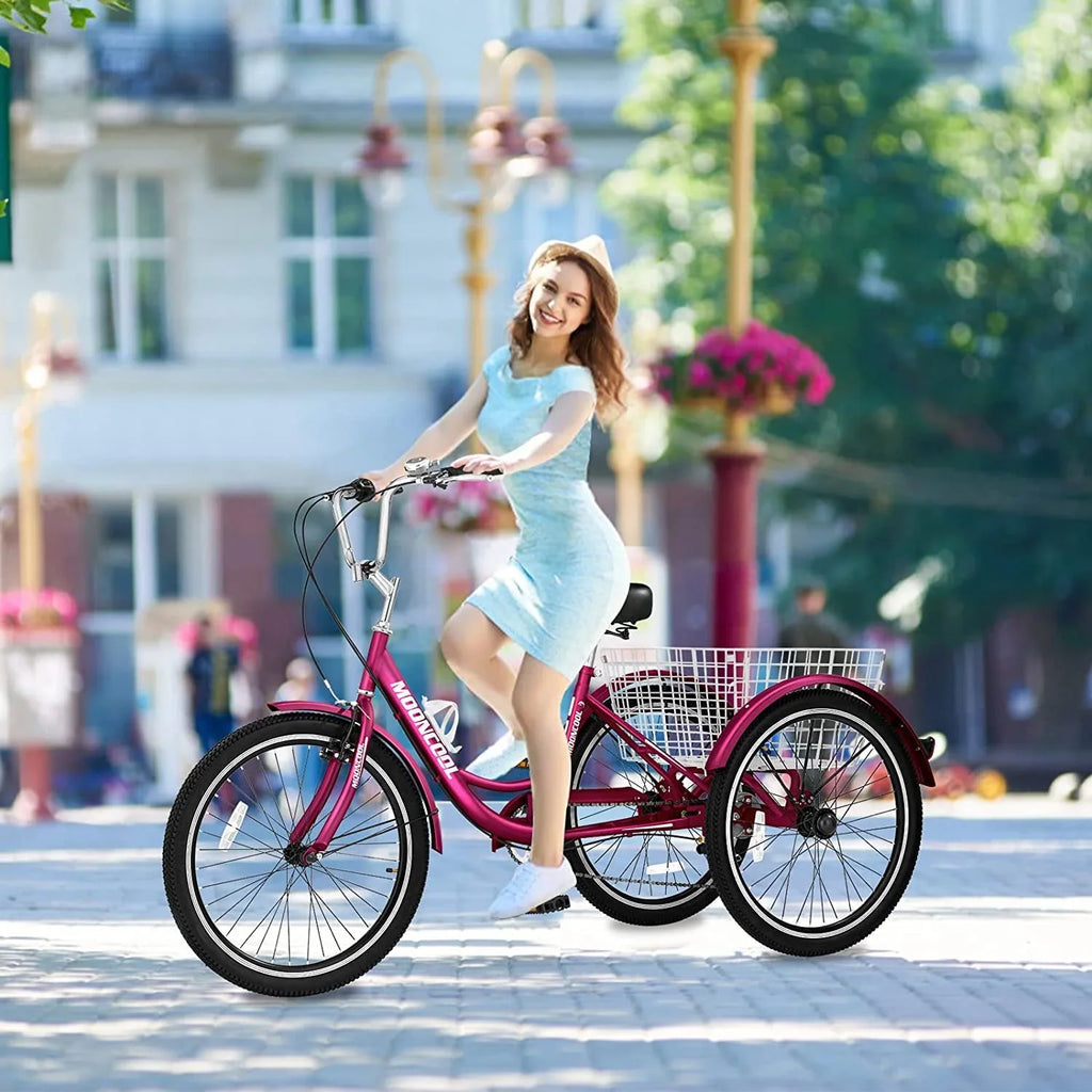 MOONCOOL Adult Tricycles with Rear Basket & Inflator, 24 26 inch 7 Speed 3 Wheel Bikes, Three-Wheeled Bicycles Adult Trike with Backrest for Seniors, Women, Men