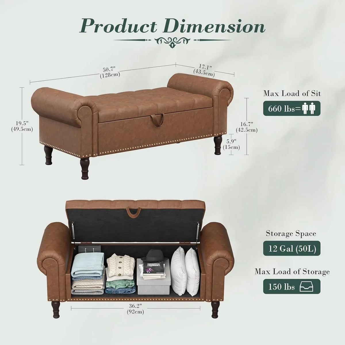 YOUDENOVA Storage Ottoman Bench for Bedroom 51" Queen Leather Storage Bench with Button, Upholstered Bedroom Bench with Rolled Arms for Living Room, Storage Room, Entryway, Gray