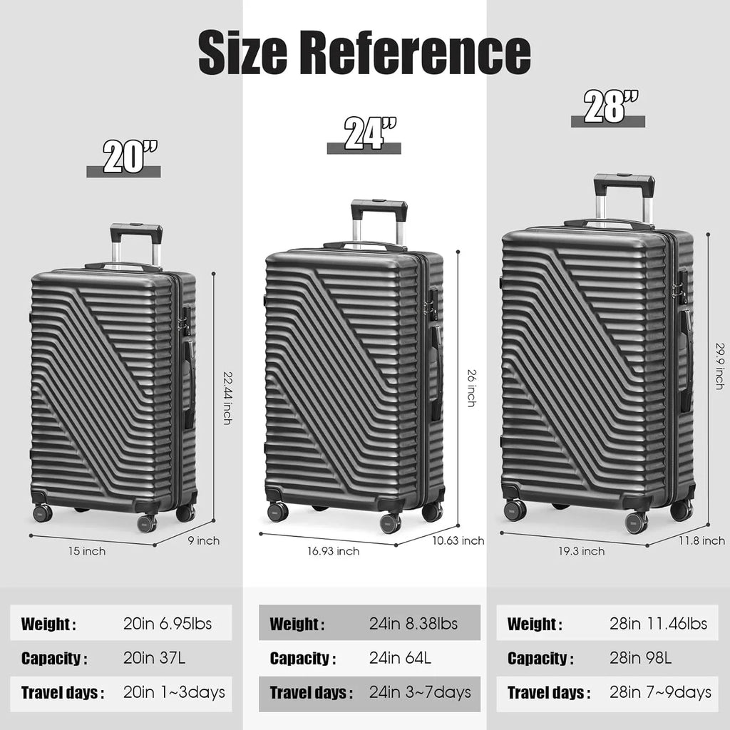 SUGIFT 3 Piece Luggage Sets, 20/24/28 inch Suitcase Sets with Spinner Wheels, Hardside Luggage Set, Dark Black