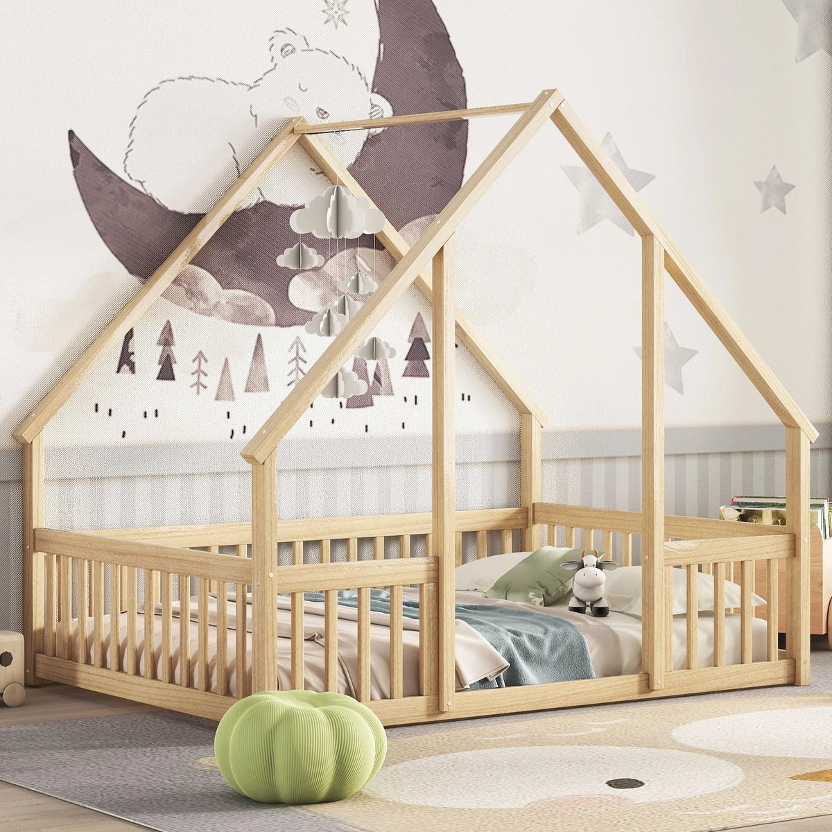 Bellemave Twin Size Floor Bed Frame, Wooden House Bed Twin Size with Fence, Montessori Bed with Guardrails for Bedroom (White)