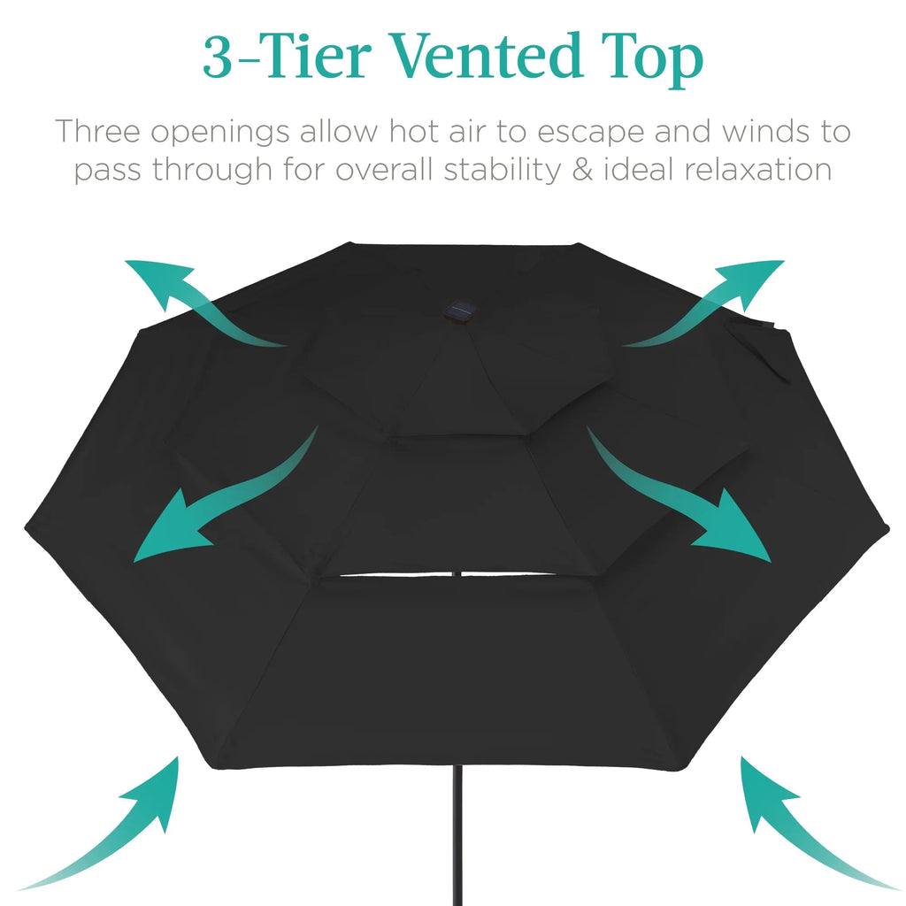 Best Choice Products 10ft 3-Tier Solar Patio Umbrella w/ 24 LED Lights, Tilt Adjustment, Easy Crank - Tan