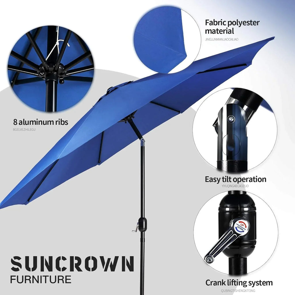 SUNCROWN 5-Piece Outdoor Wrought Iron Chairs and Table Patio Dining Furniture Set - 4 Stackable Metal Chairs, 1 Steel Slat Bistro Table and 1 Sky Blue 9Ft Patio Umbrella for Garden Backyard Deck