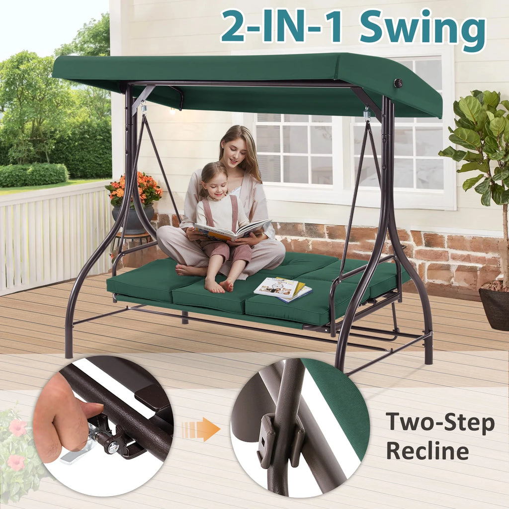 MCombo 3-Seat Outdoor Patio Swing Chair Cushioned with Adjustable Backrest and Canopy, Pillow, Brown