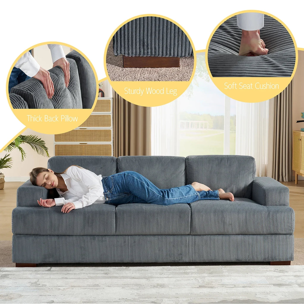 VANACC 89in Couch, Comfy Sofa with Wood Legs, 3 Seater Modern Sofa- Deep Seat Couches for Living Room, White Corduroy